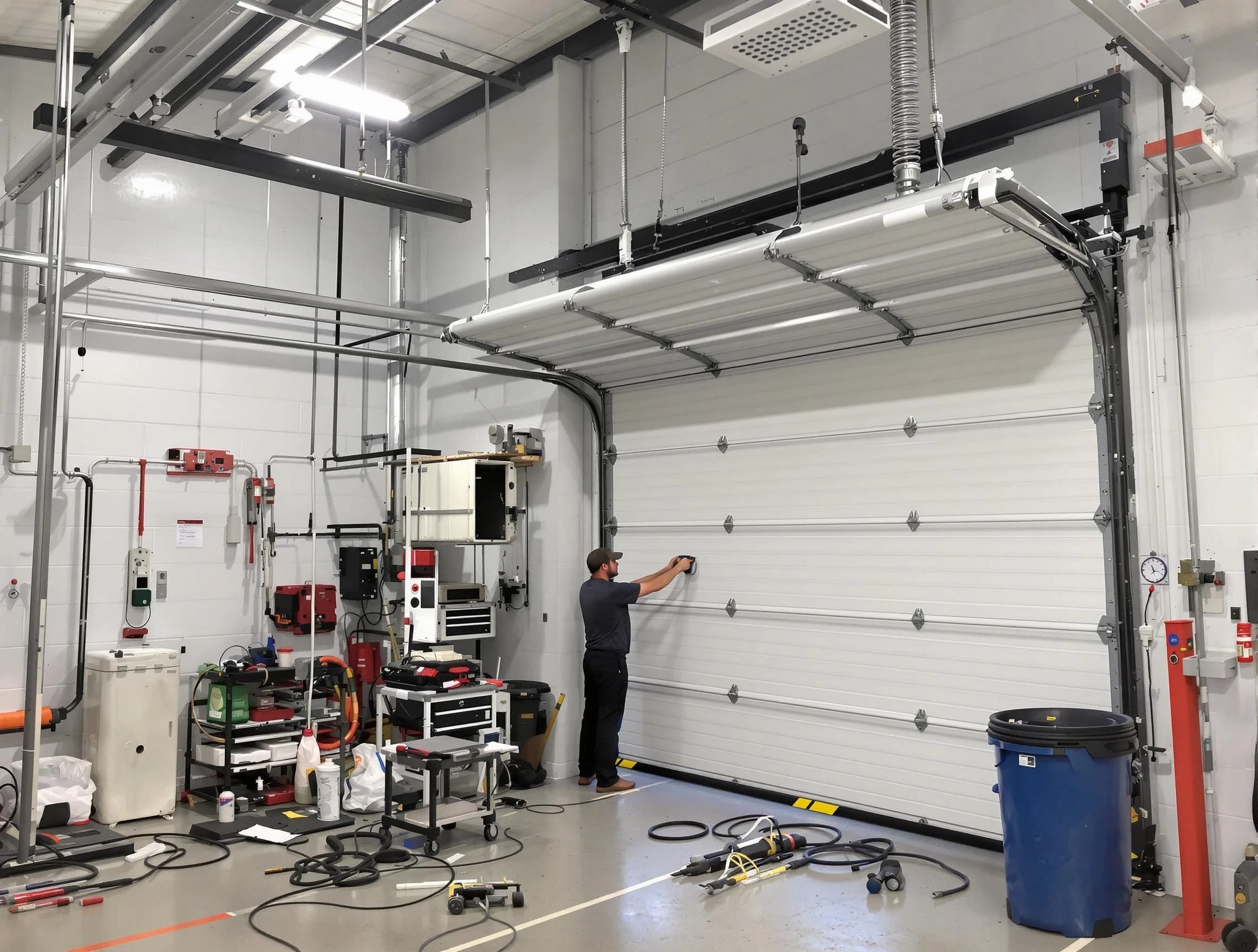 Petersburg Garage Door Repair certified technician performing commercial door repair at a Petersburg business facility