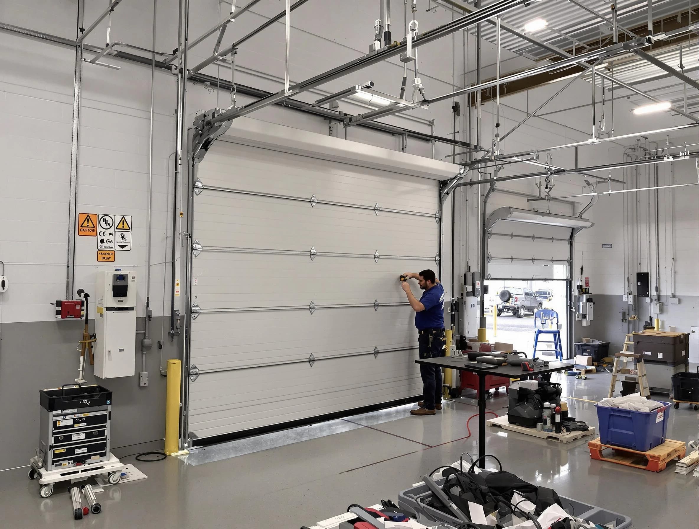 Commercial garage door repair being performed by Petersburg Garage Door Repair expert in Petersburg