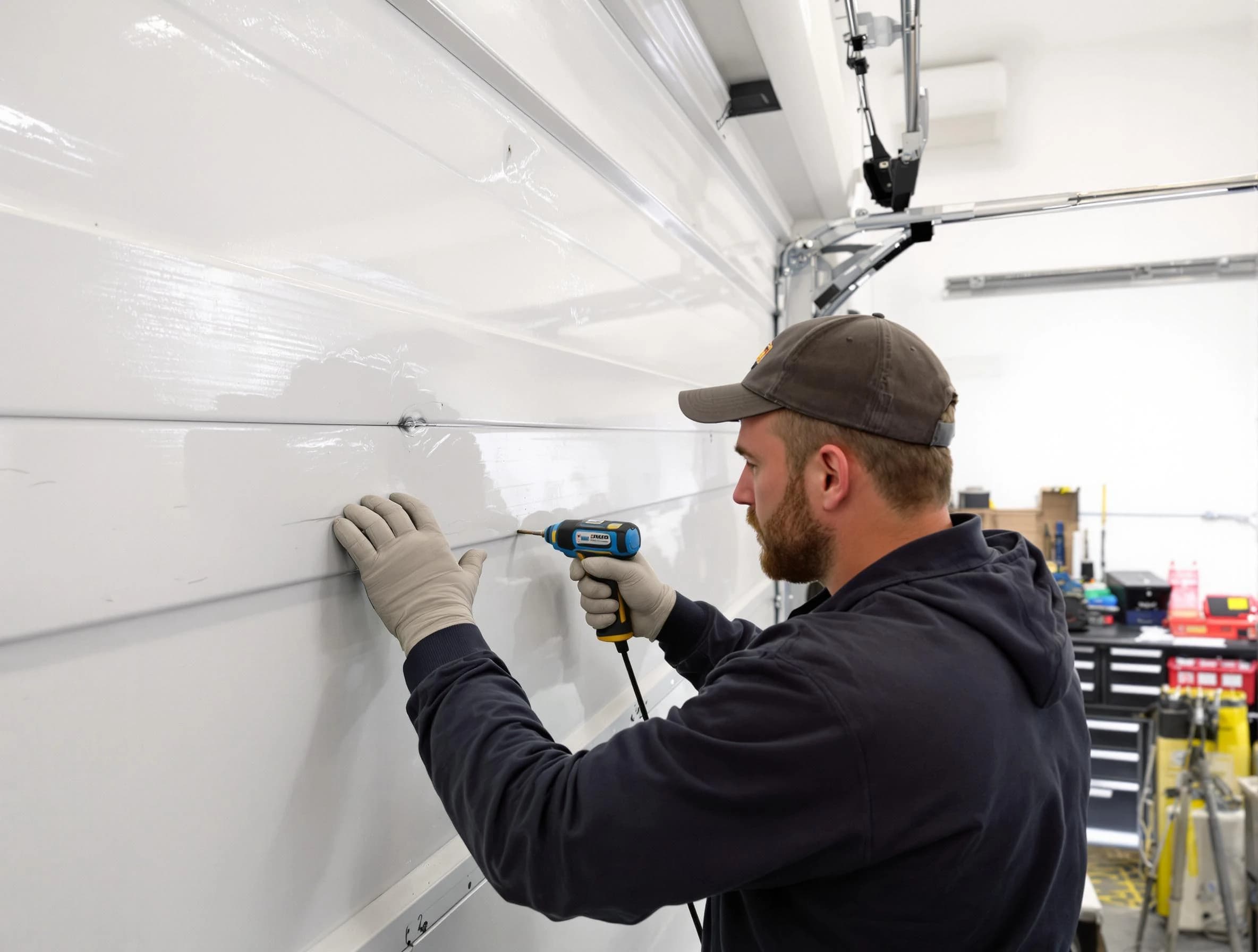Petersburg Garage Door Repair technician demonstrating precision dent removal techniques on a Petersburg garage door