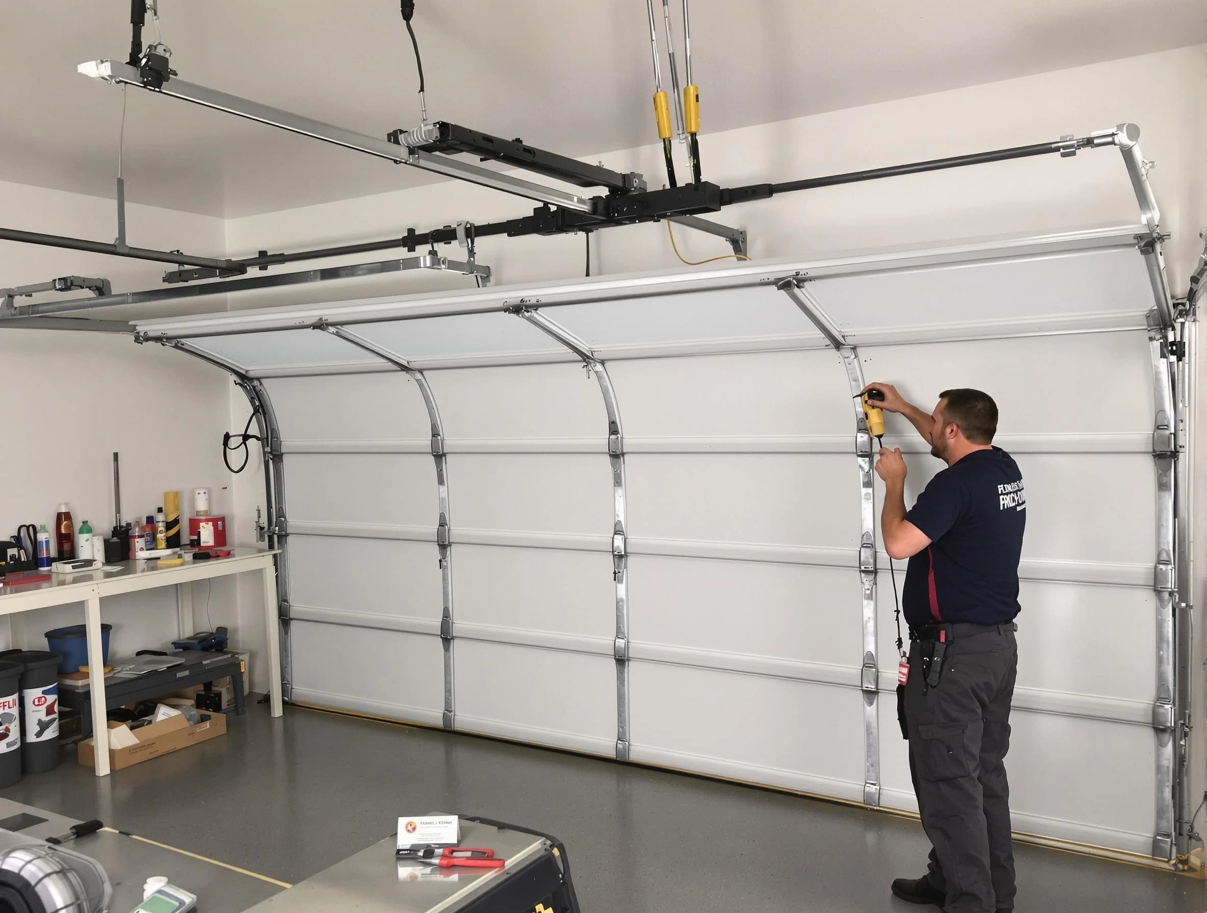 Petersburg Garage Door Repair certified technician performing overhead door system repair in Petersburg