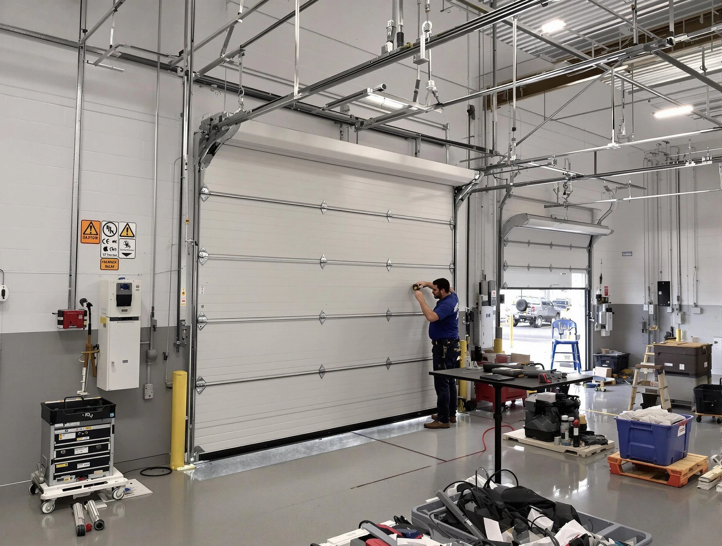 Commercial garage door repair being performed by Petersburg Garage Door Repair expert in Petersburg